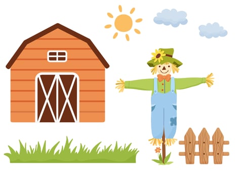 Smiling cute scarecrow character, farmhouse and fence in cartoon style. Set of cute illustrations isolated on white vector