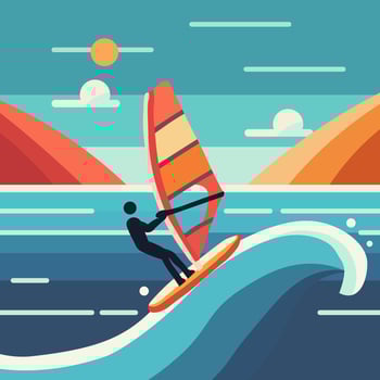 Colorful Windsurfing Illustration in Tropical Setting, Outdoor adventure vector