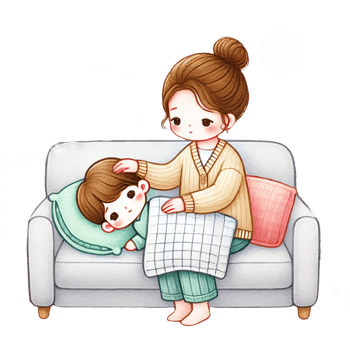 Watercolor illustration of Child resting on a sofa at home with a parent png