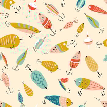 Fishing lures seamless pattern. Cute colorful fishing hook repeat background. Fathers day wallpaper, print for Dads day, fisherman equipment. Funny textile design, wrap paper, cartoon design. vector