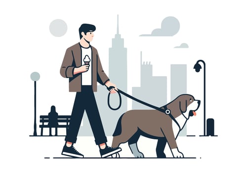 Man walking dog and eating ice cream in city park with urban skyline background illustration vector