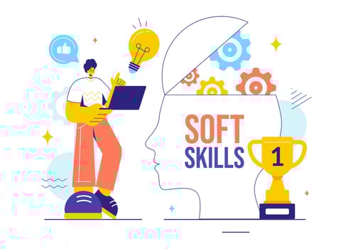 Illustration of Office Workers Demonstrating Soft Skills of Empathy, Communication, Idea Development, Skill, and Education in a Flat Background vector