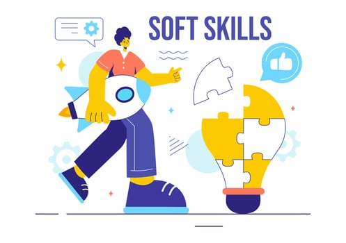 Illustration of Office Workers Demonstrating Soft Skills of Empathy, Communication, Idea Development, Skill, and Education in a Flat Background vector