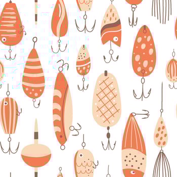 Cute fishing lures seamless pattern. Pink fishing hook repeat background. Fathers day wallpaper, print for Dads day, fisherman equipment. Summer activity, leisure time. Funny cartoon design. vector