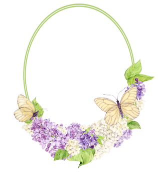 Elegant oval frame with lilacs and butterflies. Template with spring flowers with place for text. Greeting card for Mother's Day, Valentine's Day. Illustration for wedding decoration in boho style. png