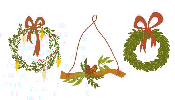 Christmas decorations set. Hanging decor, ornament for holiday. Fir wreath with ribbons, candles and stars, pendant branch with beads, cones. Flat illustrations isolated on white background vector