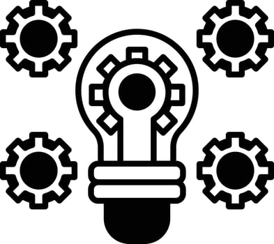 A black and white drawing of a light bulb with five gears surrounding it vector