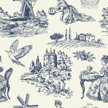Abstract Victorian seamless pattern with hand drawn illustration with country life, couple villager in Toile de jouy style. Retro elegance blue Chinoiserie print. Vintage wallpaper for bedroom vector