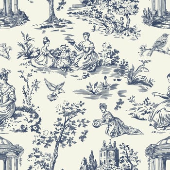 Abstract Victorian seamless pattern with hand drawn illustration with country life, couple villager in Toile de jouy style. Retro elegance blue Chinoiserie print. Vintage wallpaper for bedroom vector
