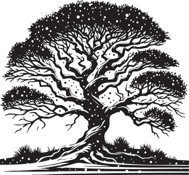 A black and white drawing of a tree with snow on the branches vector