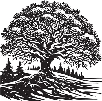 A black and white drawing of a tree with snow on the branches vector
