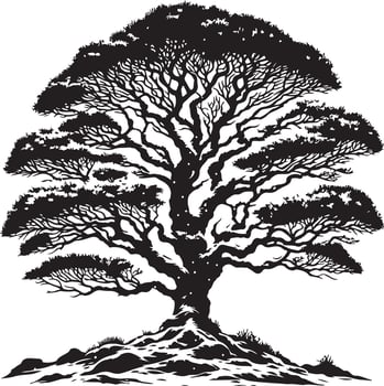 A black and white drawing of a tree with snow on the branches vector