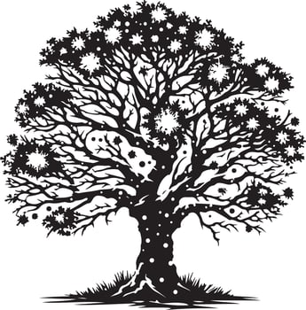 A black and white drawing of a tree with snow on the branches vector