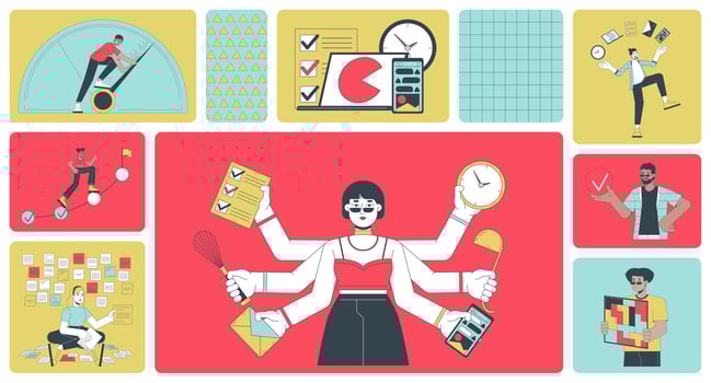 Productivity people bento grid illustration set. Office workflow 2D image collage design graphics collection. Task management. Busy multitasking employees flat characters moodboard layout vector