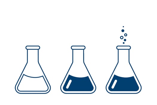 Round flat-bottomed chemical flask with solution. Laboratory glassware for analysis, research. Chemical reaction. Illustration on the topic of chemistry, biology, biotechnology. vector