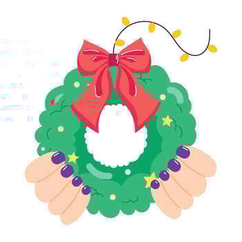 Hand holding christmas wreath with a ribbon bow on it, flat sticker vector