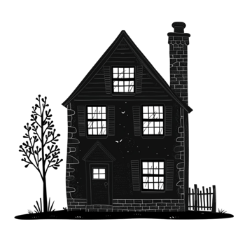 a black and white illustration of a house with a tree png