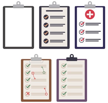 Clipboards with paper sheets flat icon set isolated on white background. vector