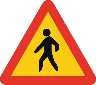 Triangular traffic signal in yellow and red, isolated on white background. Temporary warning of pedestrian crossing vector
