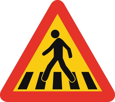 Triangular traffic signal in yellow and red, isolated on white background. Temporary warning of pedestrian crossing vector