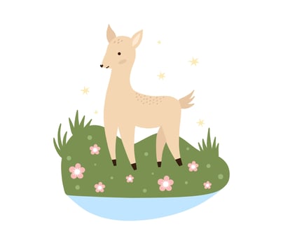 Hand drawn composition with meadow animal and plants. Baby art for nursery design and prints. Charming cartoon woodland animal doe vector