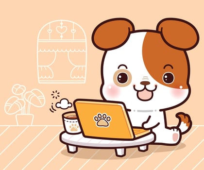 Little Puppy Working on Laptops and Computers at Home. Working at Home, Kawaii Cartoon Style. vector