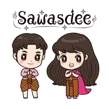 Cute girl and boy in thai traditional costume, Thai greeting Sawasdee. Thai New Year, Songkran festival, Kawaii cartoon style, On White Background. vector
