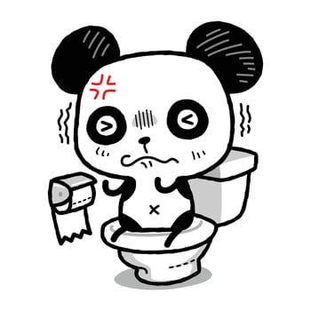 Little Panda is experiencing abdominal pain. Panda is sitting in toilet. Constipation and hemorrhoids. Problems with defecation. Cartoon style vector