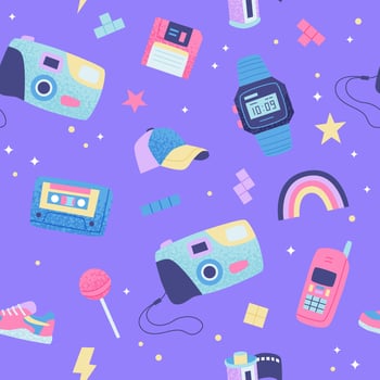 90s retro seamless pattern. Cute bright multicolor elements on purple background.. illustration in trendy flat style vector