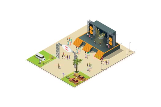 Music Festival Illustration Concept 3d Isometric View of Party Elements, camper van, bus. Concert Background and Stage Landscape. Musical Event illustration vector
