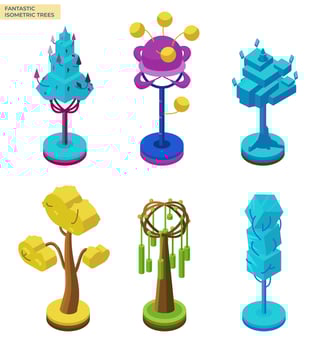 Set Of Isometric Creative Fantastic Trees. Isolated On White. vector