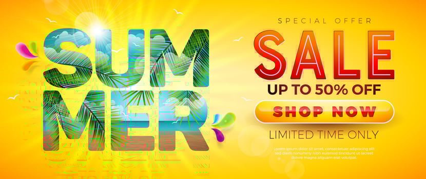 Summer Sale Design with Exotic Leaves and Ocean Landscape in Text Label on Yellow Background. Tropical Floral Beach Holiday Illustration with Special Offer Typography for Coupon, Voucher vector