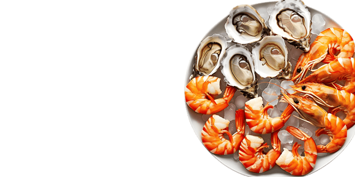 Plate of Fresh Shrimps and Oysters on Ice - Photo png