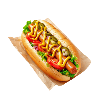 Close-up of hot dog with mustard, onions and pickles. Take away street food with sesame bun, sausage and toppings png