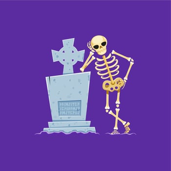 Cartoon Halloween scary skeleton near tombstone vector