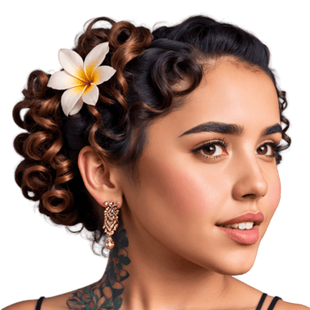 Young Latinx woman with curly updo and floral tattoo plain face pleasing eyes singing mouth. Essence of diverse femininity. png