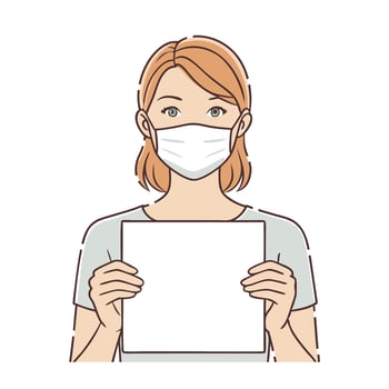 Woman in face mask holding the blank paper. flat illustration on white background vector