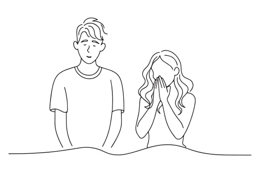 young woman Embarrassed man continuous line art illustration vector