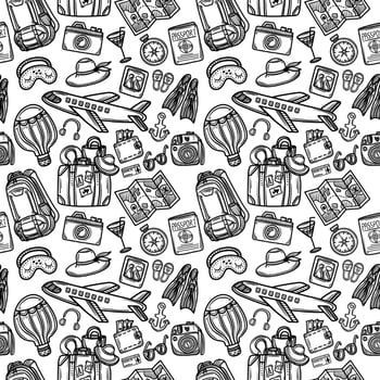 Travel themed seamless pattern on white background. Adventure or travel concept in sketch style. Travel concept vector