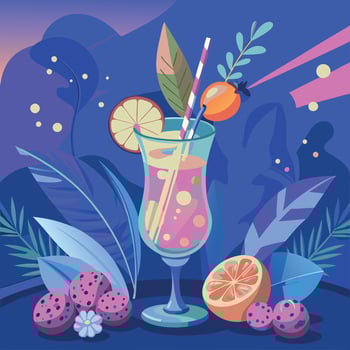 Illustration of a tropical fruit cocktail with a colorful background and various fruits, perfect for summer. vector