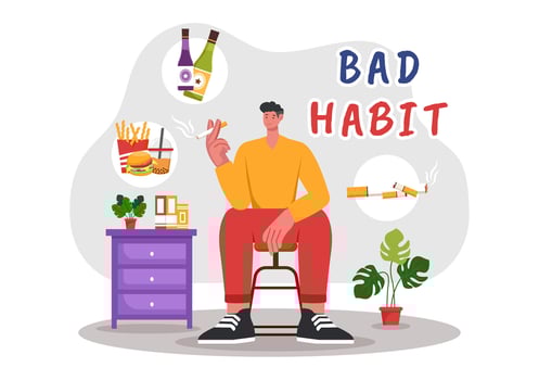 Illustration of Bad Habits Featuring Unhealthy Lifestyles such as Eating Fast Food or Drinking Alcohol in a Flat Cartoon Style Background vector
