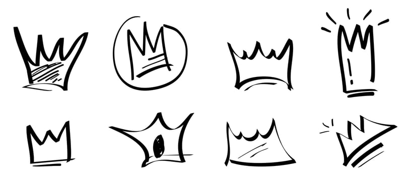 collection of Doodle crown sign in black over white. hand drawn king crown symbol. isolated on white background vector