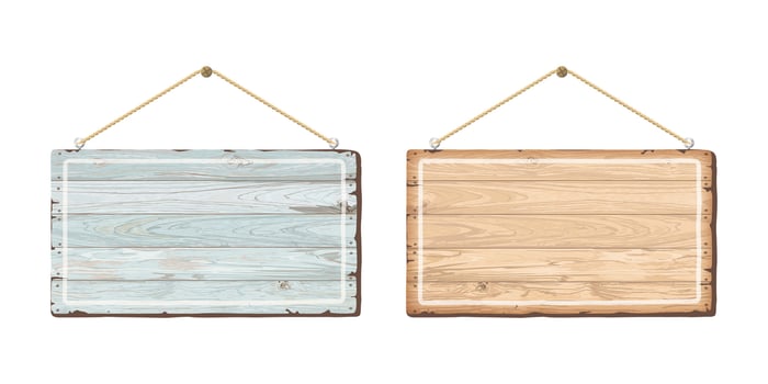 Blank hanging signboard rectangle isolated made from cut timber panels graphic illustration. Information sign template for cafe, restaurant, bar or retail store. vector