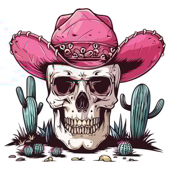 skull with a pink cowboy hat with cactus illustration vector