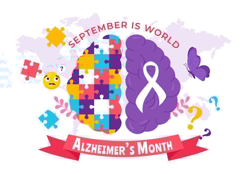 World Alzheimer's Day Illustration featuring an Elderly and a Brain Jigsaw Puzzle Symbolizing Memories on a Purple Ribbon Flat Background vector