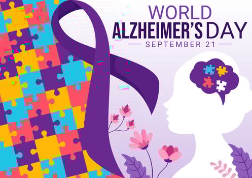 World Alzheimer's Day Illustration featuring an Elderly and a Brain Jigsaw Puzzle Symbolizing Memories on a Purple Ribbon Flat Background vector