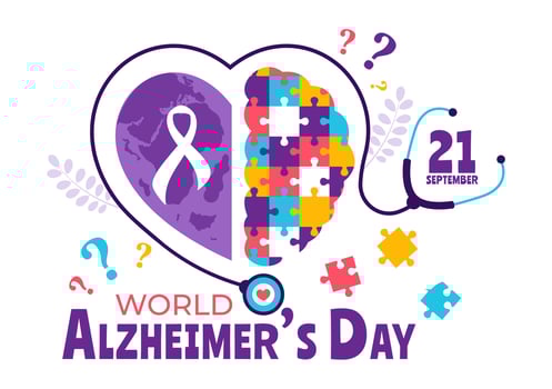 World Alzheimer's Day Illustration featuring an Elderly and a Brain Jigsaw Puzzle Symbolizing Memories on a Purple Ribbon Flat Background vector