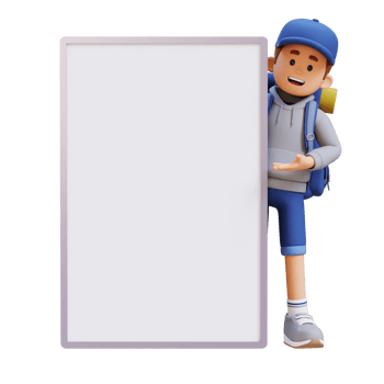 3D Traveller Character Presenting on Blank Placard png