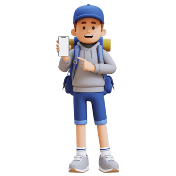 3D Traveller Character Pointing to Empty Phone Screen png
