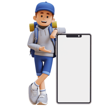 3D Traveller Character Presenting and Lying on Big Empty Phone Screen png